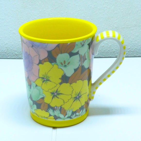 Anthropologie Other - Anthropologie Floral Coffee Mug Yellow Striped Handle Boho Botanical Ceramic Cup